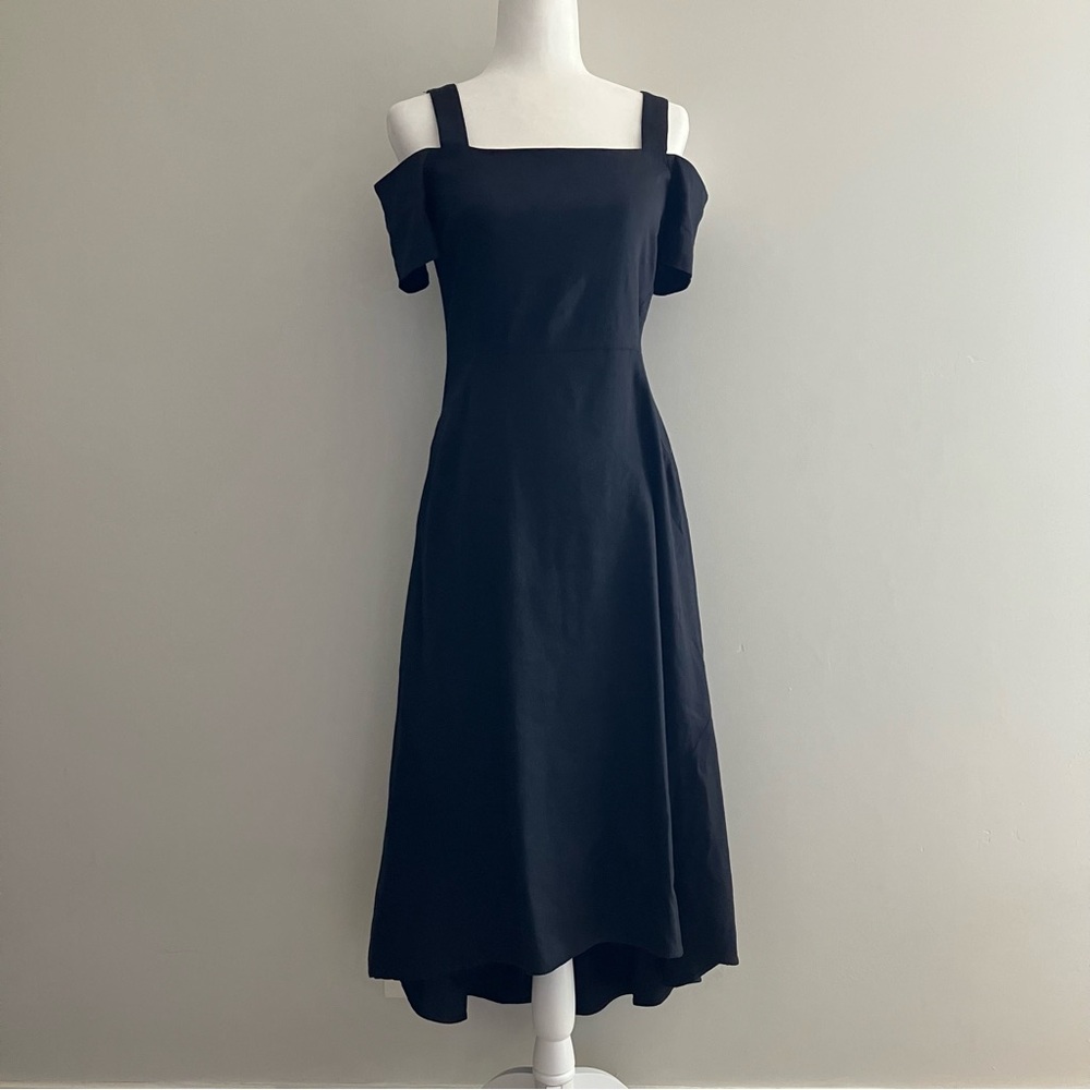 A.L.C. High-Low Hem Midi Dress Cold Shoulder A Line Linen Blend Black SZ 4